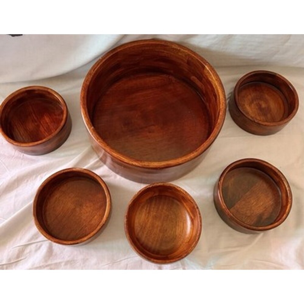 Teak 6 Pc Wooden Salad Bowl Serving Set with 1 Lg & 4 Sm Bowls & 1 Side Bowl